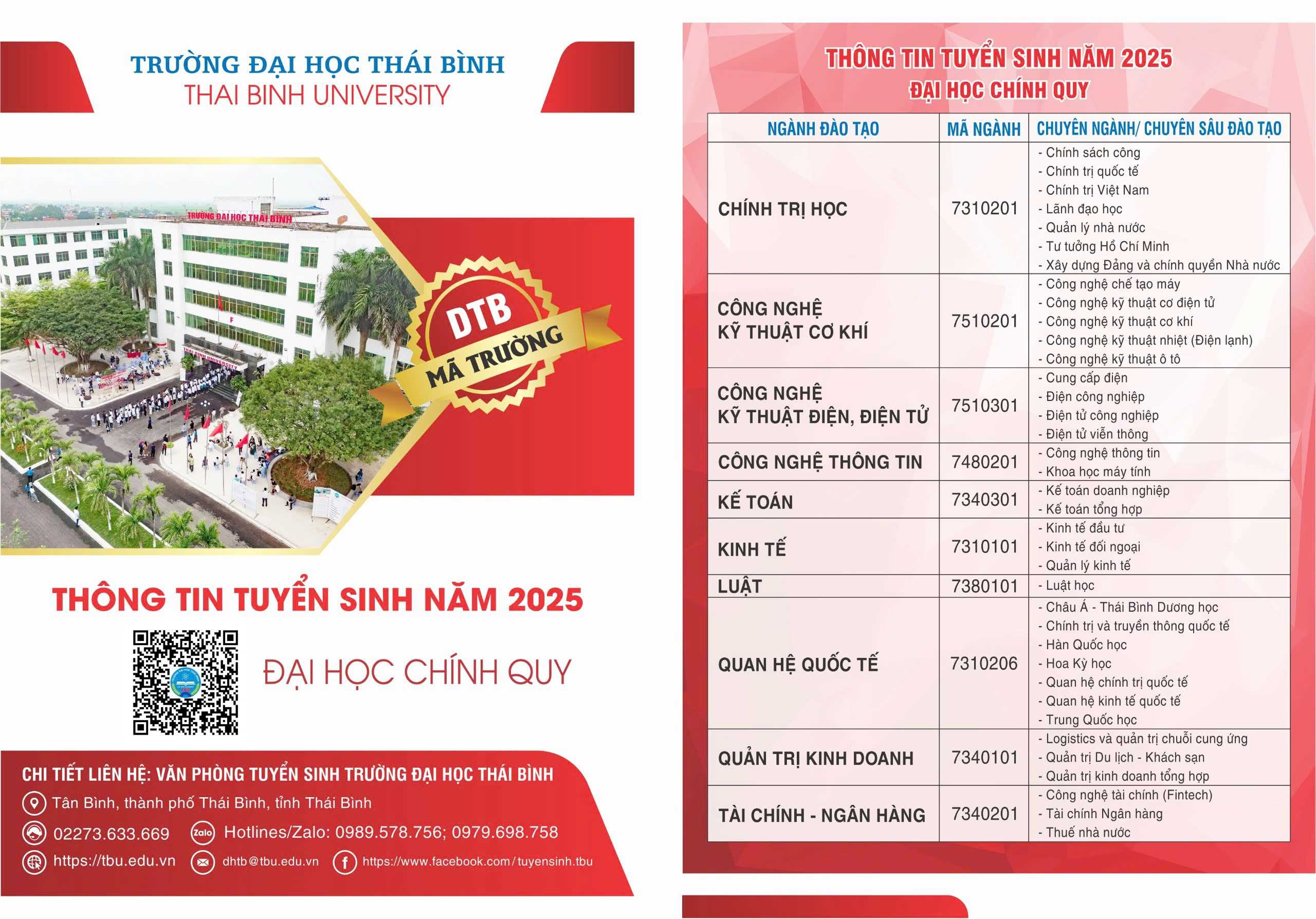 CÁC NGÀNH TUYỂN SINH 2025 CỦA TBU